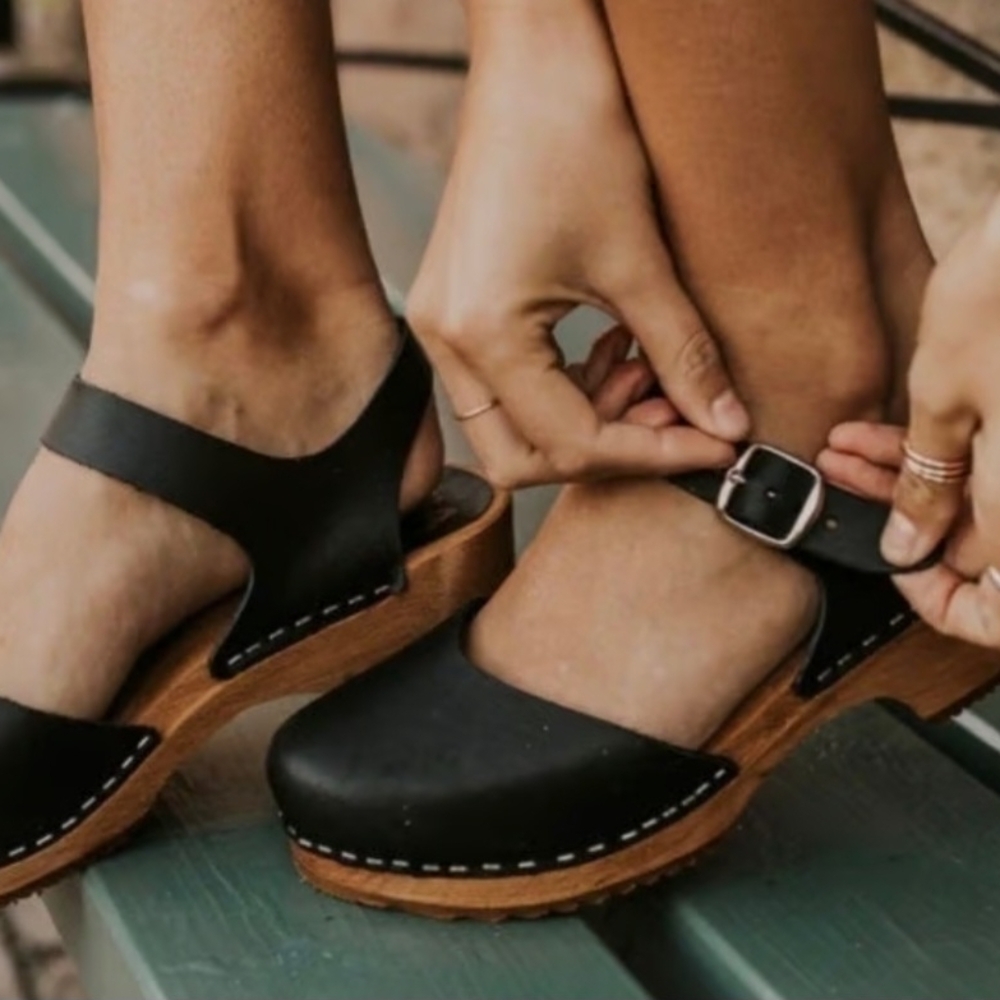 Free People MIA Sofia Mary Jane Black Leather Swedish Wooden Clogs Size 38 | 7 - Picture 4 of 10